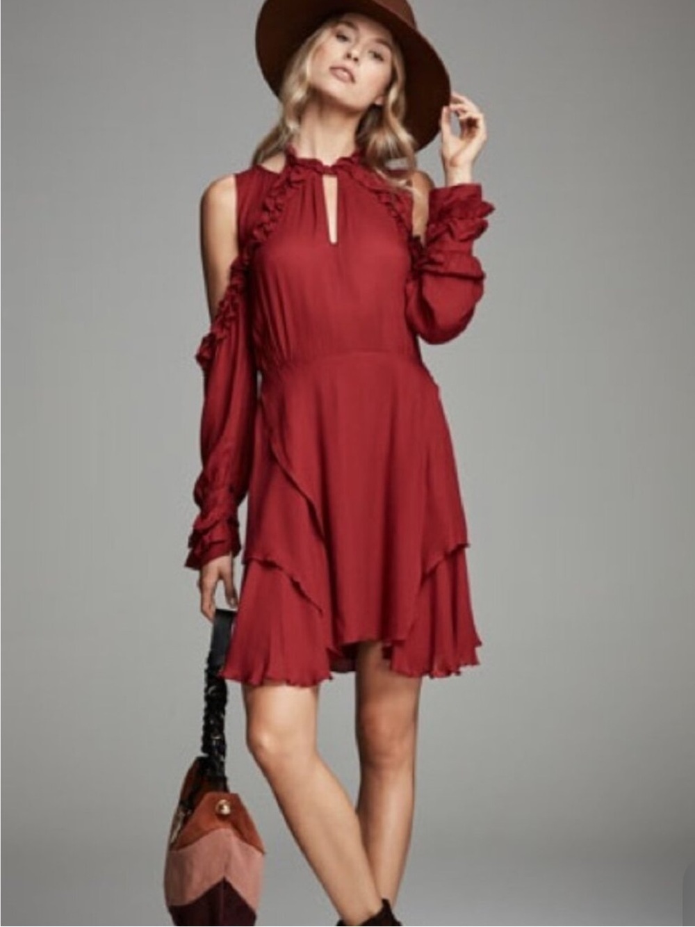 NWTs IRO Hanie Viscose Ruffle Cold Shoulder Red Mini Dress Size Large